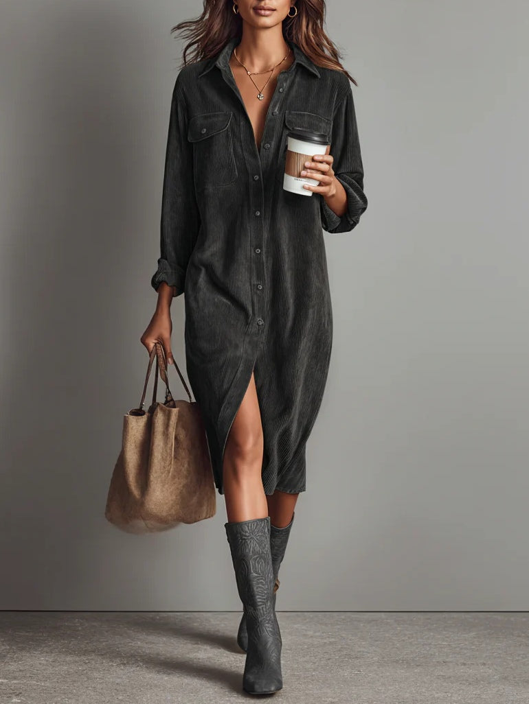 Corduroy Midi Dress with Double Chest Pockets