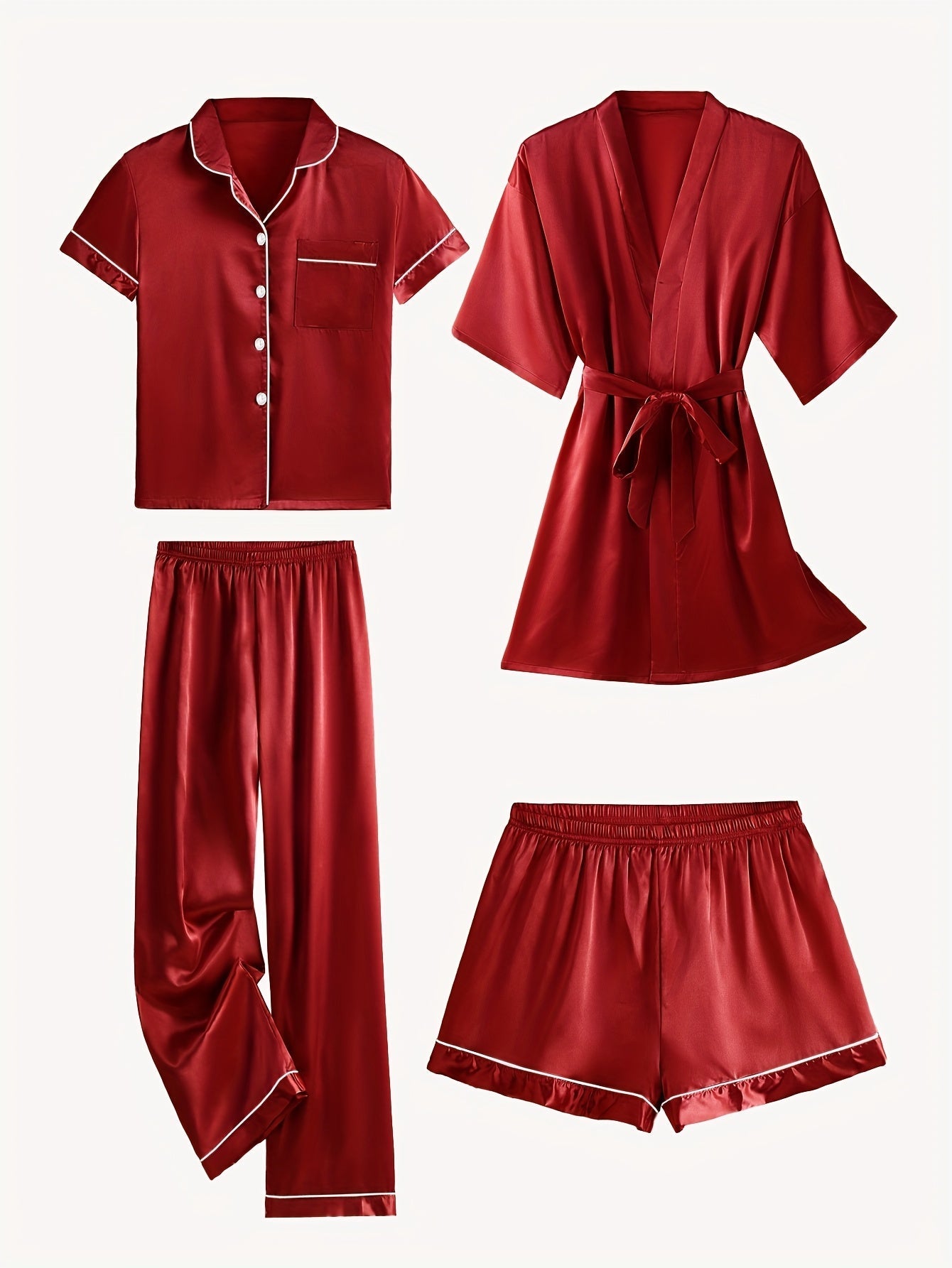 Juliette | 4-Piece Solid Satin Pajama Mid-Sleeve Robe Set