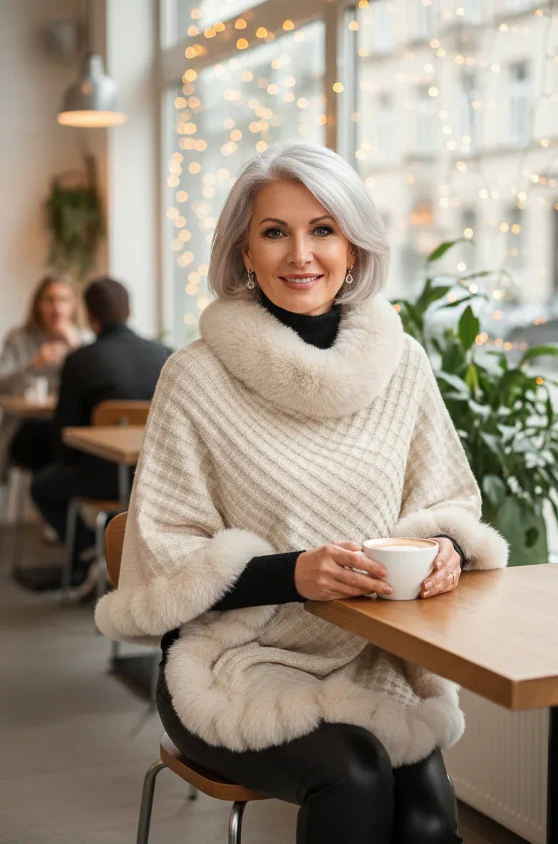 Elara – Faux Fur Trim Knit Poncho
