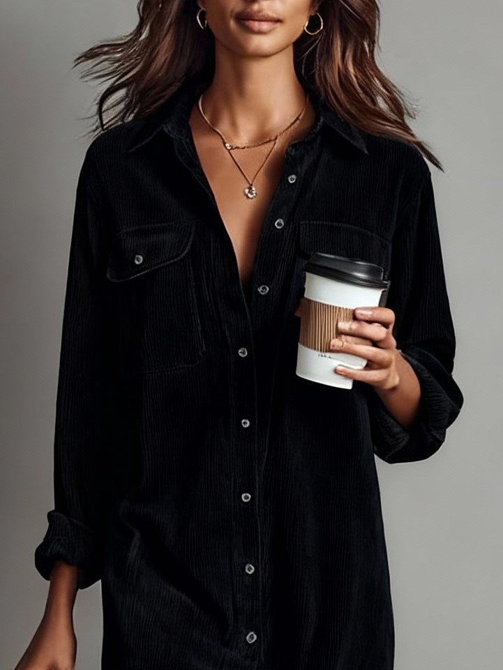 Corduroy Midi Dress with Double Chest Pockets