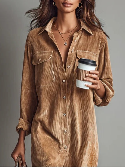 Corduroy Midi Dress with Double Chest Pockets