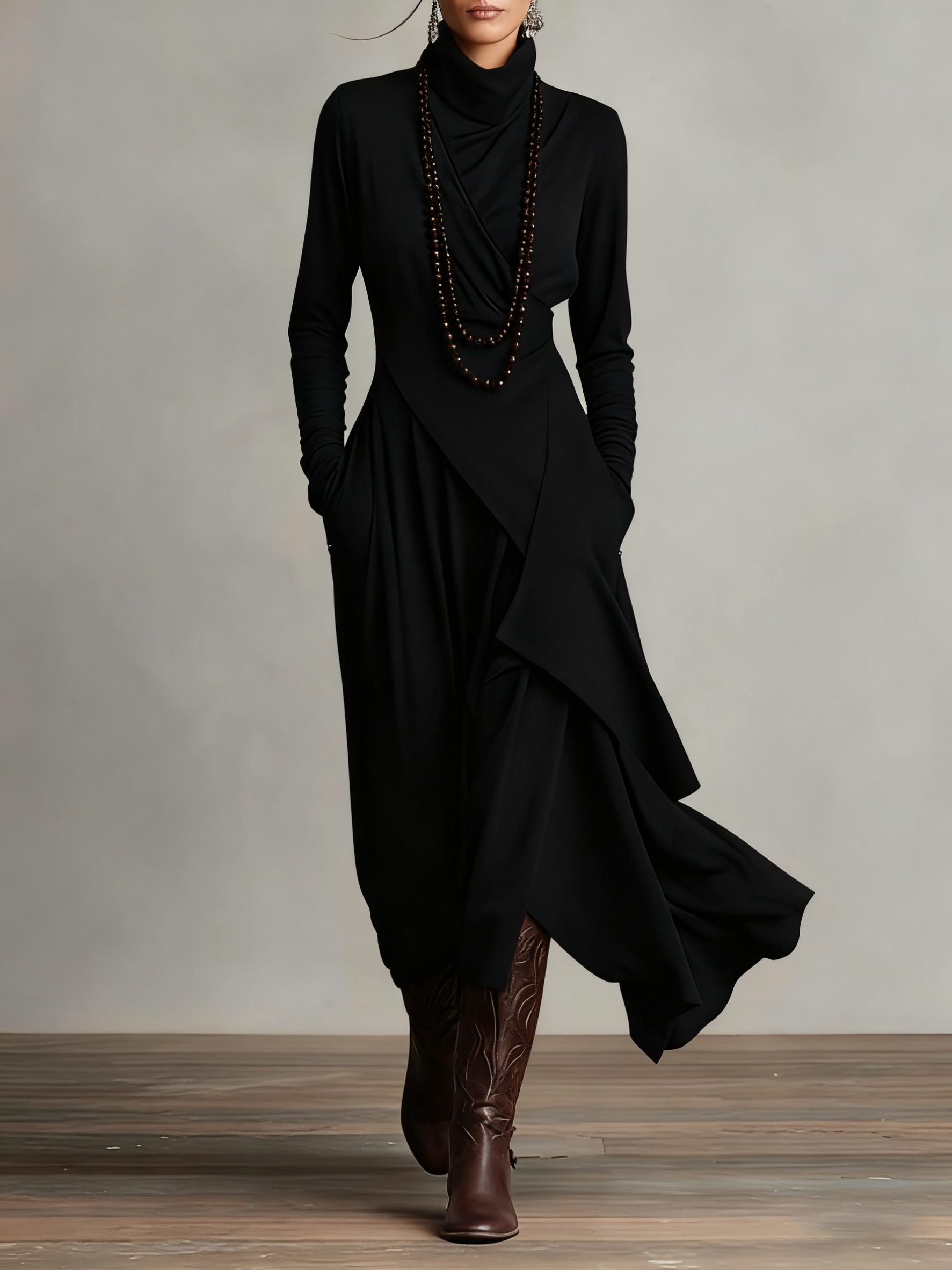 Elowen – Elegant High-Neck Asymmetrical Maxi Dress