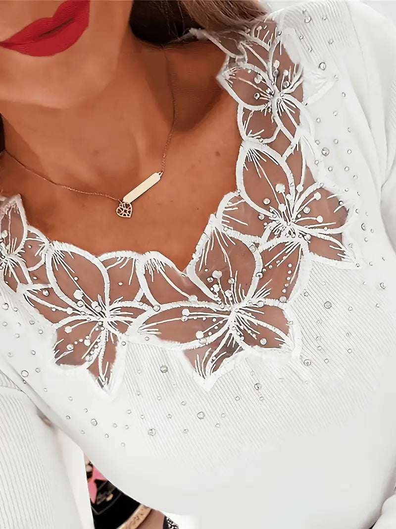 Elena™ – Elegant Sweater with V-Neck and Lace Inserts