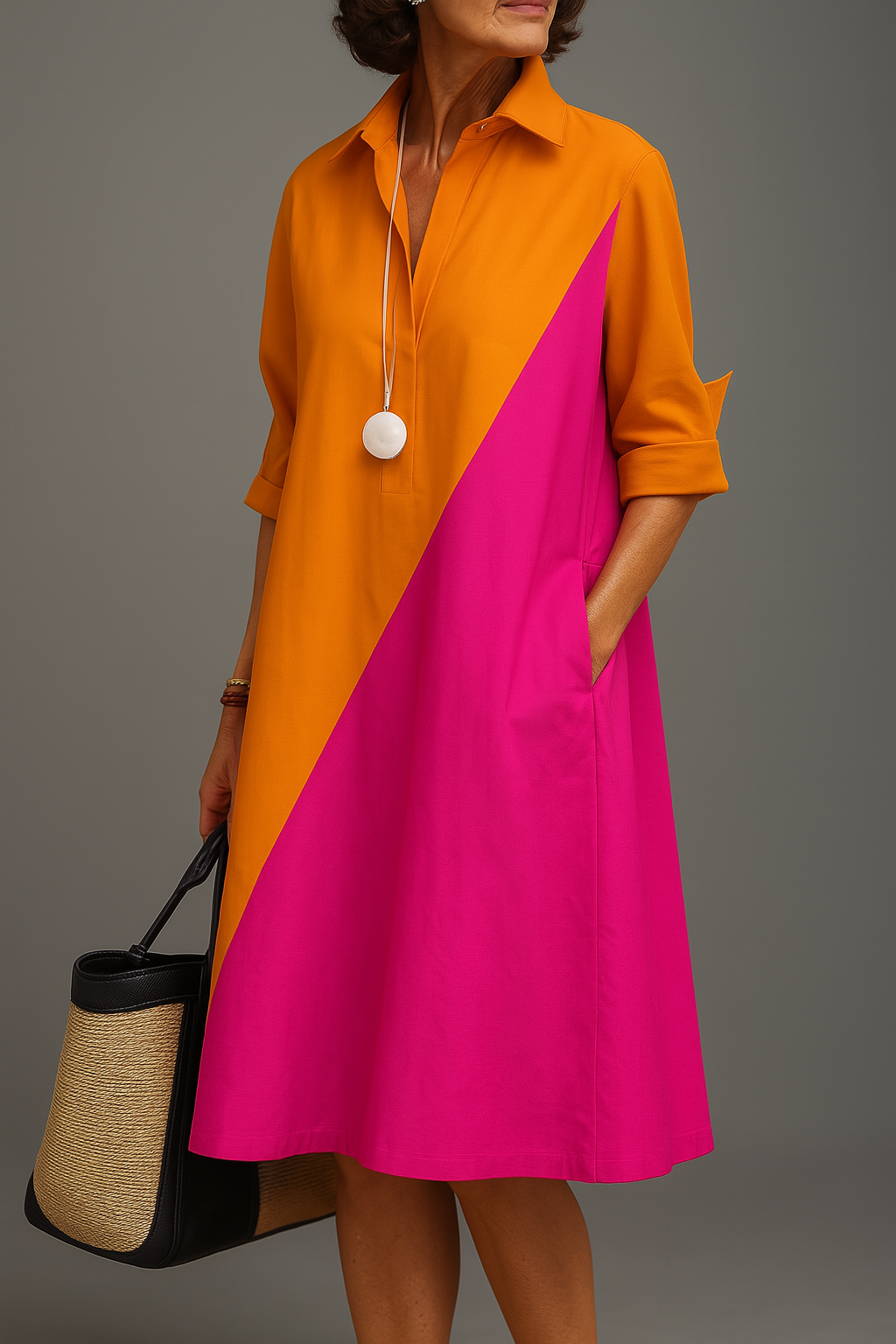 Alessia™ – Elegant Colour-Block Shirt Dress