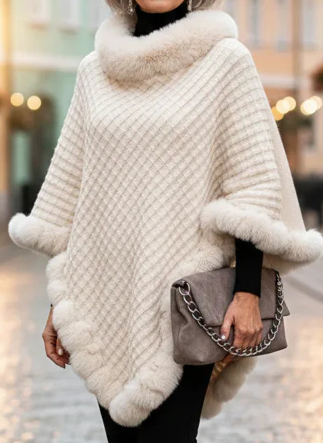 Elara – Faux Fur Trim Knit Poncho